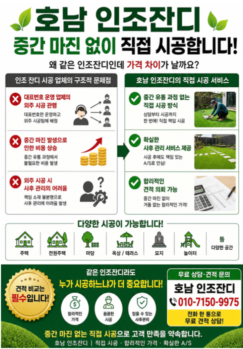 호남 인조잔디 직접 시공 안내. 중간 마진 없는 직접 시공, 사후 관리, 견적 안내와 주택·전원주택·마당·옥상·테라스·묘지·놀이터 시공 상담. 전화 010-7150-9975.